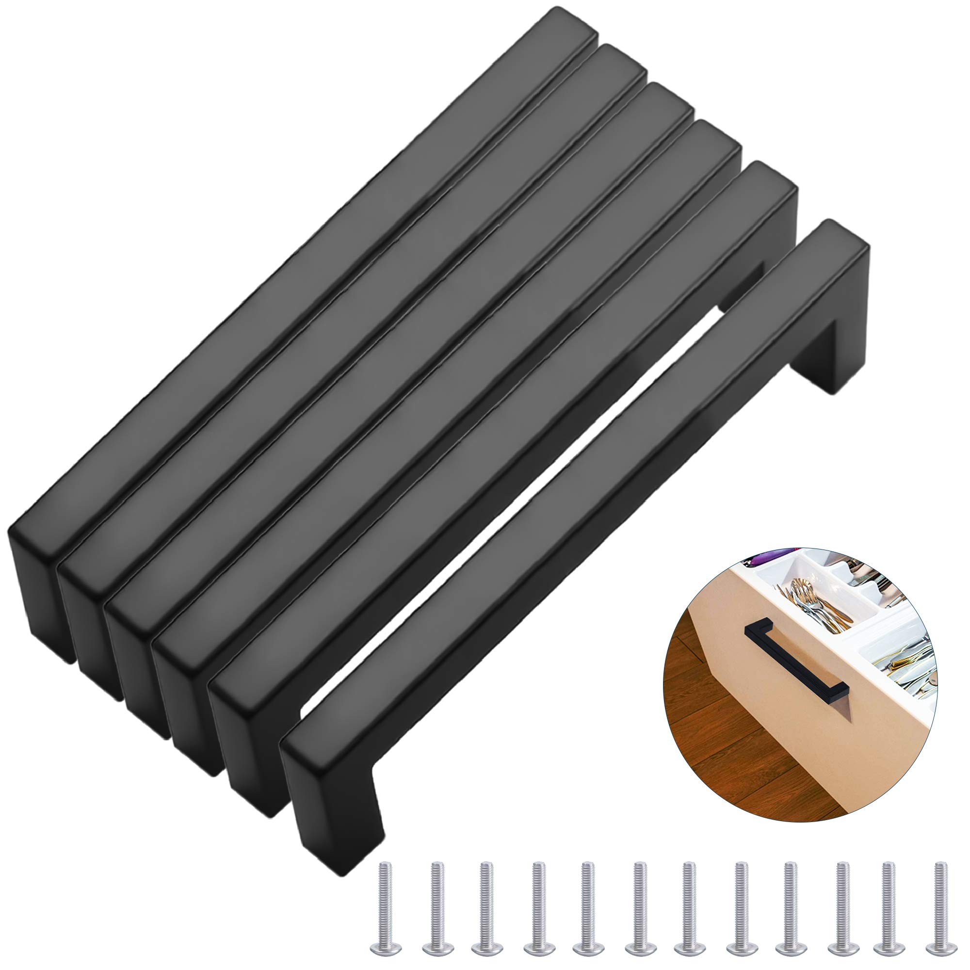 MEEQIAO 6PCS Matt Black Door Handles, with 12 Screws, Stainless Steel, Morden Square Furniture Handles, for Kitchens, Office, Drawers, Cabinet, Cupboard, Wardrobe (5,192MM)