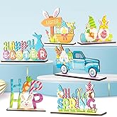 6 Pcs Easter Bunny Tabletop Decorations Happy Easter Egg Truck Wooden Signs Gnome Rustic Table Centerpiece for Home Ornament and Tiered Tray Home Party Favor Spring Indoor Decorations