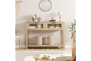 GarveeTech Modern Rustic Console Table with Glass Drawers, 2-Tier Narrow Wooden Sofa Side Table, Open Storage Shelf for Entry