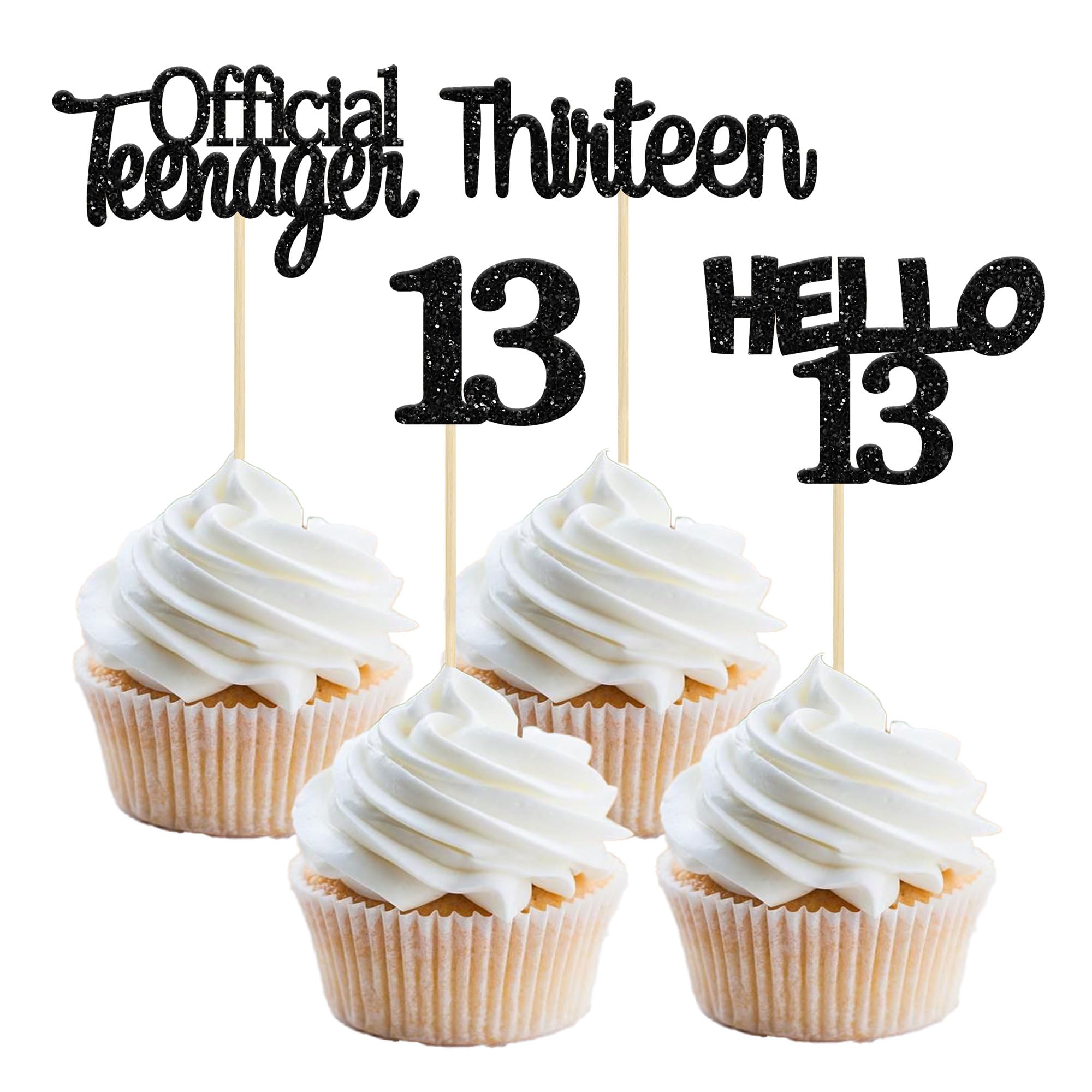 Gyufise 24Pcs Black Glitter 13th Birthday Cupcake Toppers Hello 13 Thirteen Cake Toppers Official Teenager Cupcake Picks 13th Birthday Party Cake Decorations Supplies