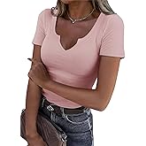 Roselux Women V Neck Ribbed Short Sleeve Shirt Fitted Basic Henley Knit Top