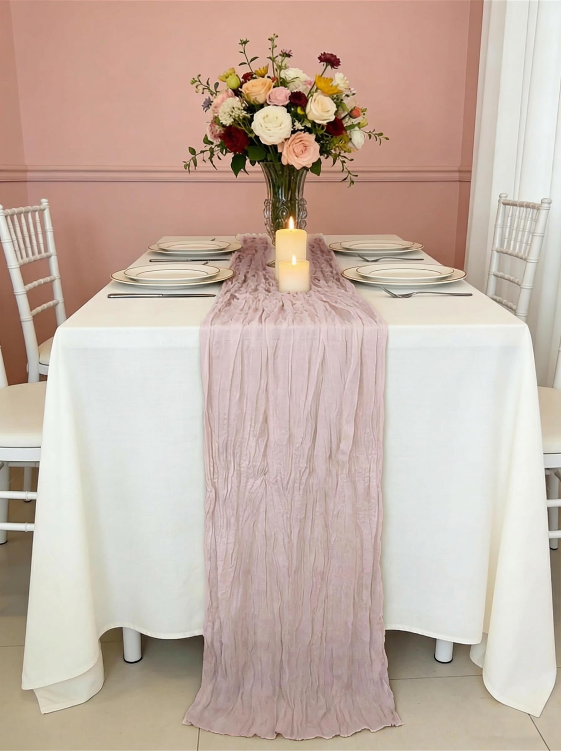 Photo 1 of 3 Pack Dusty Pink Cheesecloth Table Runner -17×120 Inch Gauze 10 FT Long Cheese Cloth Table Runners for Bridal Wedding Party Baby Shower Holiday Birthday Home Easter Decor (Dusty Pink, 3PC)