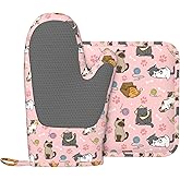 Cute Cats Oven Mitts and Pot Holders Sets Heat Resistant Non-Slip Silicone Oven Gloves Kitchen Accessories for Cooking Baking Grilling BBQ