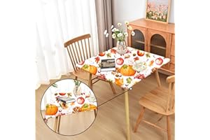 Amonsa Thanksgiving Tablecloth Fitted Table Cloths with Elastic：Washable Outdoor Spandex Patio Table Cover for Holiday Pumpkin and Fruits 34 x 34 Inch Square