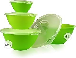 Hausfelder Salatschüssel Set groß - Schüssel und Deckel Set aus Kunststoff BPA-frei, grüne Schüsseln mit transparenten Deckeln (8-teilig)