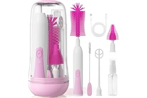 Duoffanny Electric Bottle Brush Cleaner, Baby Bottle Cleaning Kit with Nipple Straw Brushes Drying Rack ​​Soap Dispenser Rechargable Waterproof Multi-Purpose E-Brush Set for Travel & Home, Pink Purple