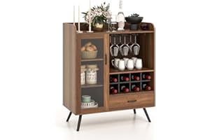 LOKO Wine Bar Cabinet, Farmhouse Coffee Bar Cabinet with Tempered Glass Door, 3-Row Glass Holder & 8-Grid Wine Rack, Buffet Sideboard with Wine Display, Rustic Brown