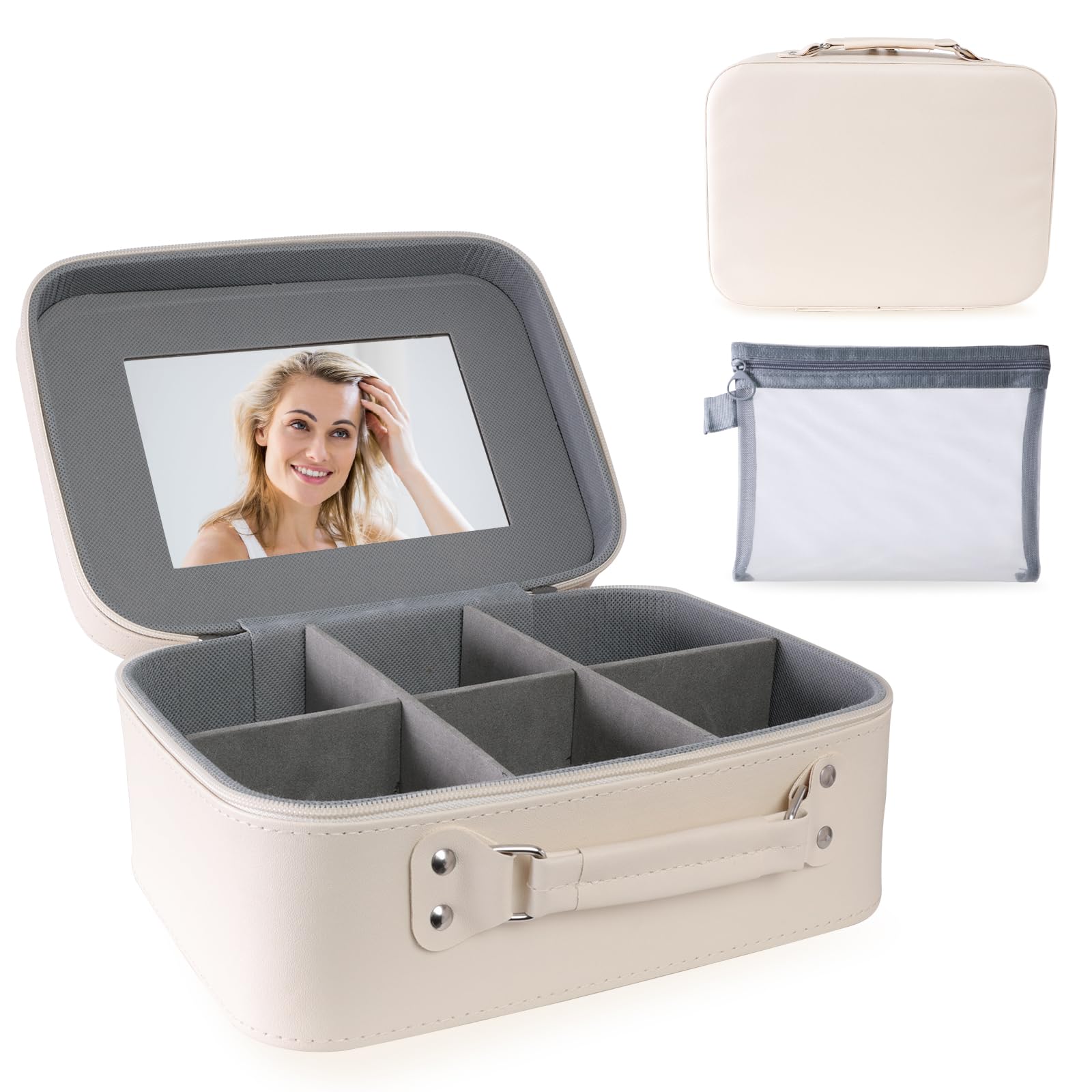Photo 1 of [Bridal Makeup Bag with Mirror] Large-capacity travel makeup storage bag, with compartments and a free brush pouch, waterproof PU makeup bag, durable structure & portable design (White Style)