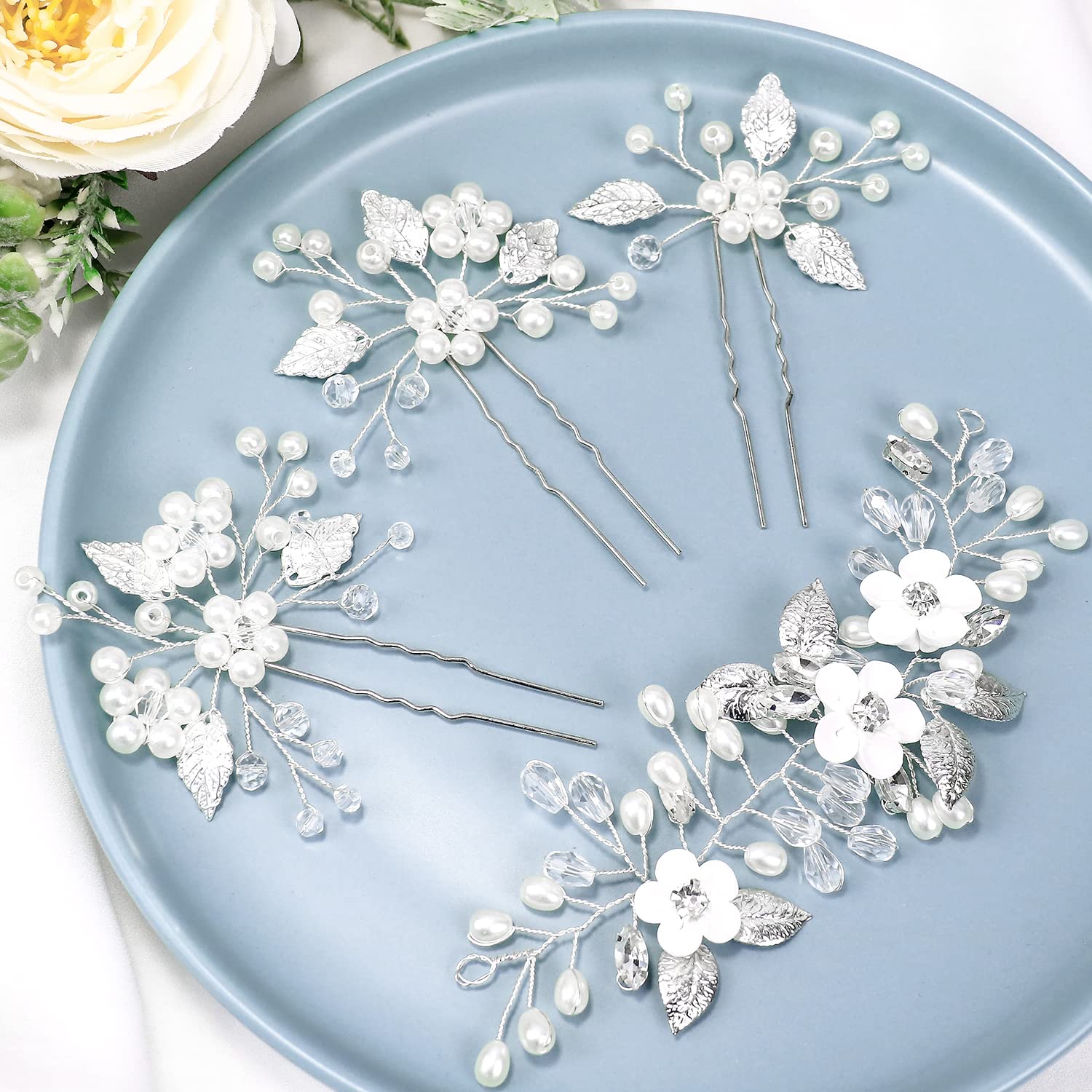 4 Piece Wedding Bridal Flower Hair Clip Metal Leaf Rhinestone Pearl Flower Wedding Hair Accessories for Women Girls (white)