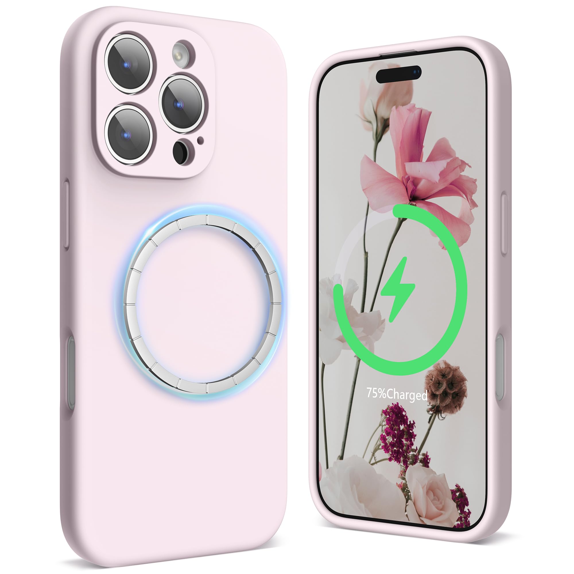 SURPHY Magnetic Design for iPhone 16 Pro Case, Liquid Silicone Protection for Each Lens Shockproof Gel Rubber Phone Case for iPhone 16 Pro 6.3 inch 2024, Chalk Pink