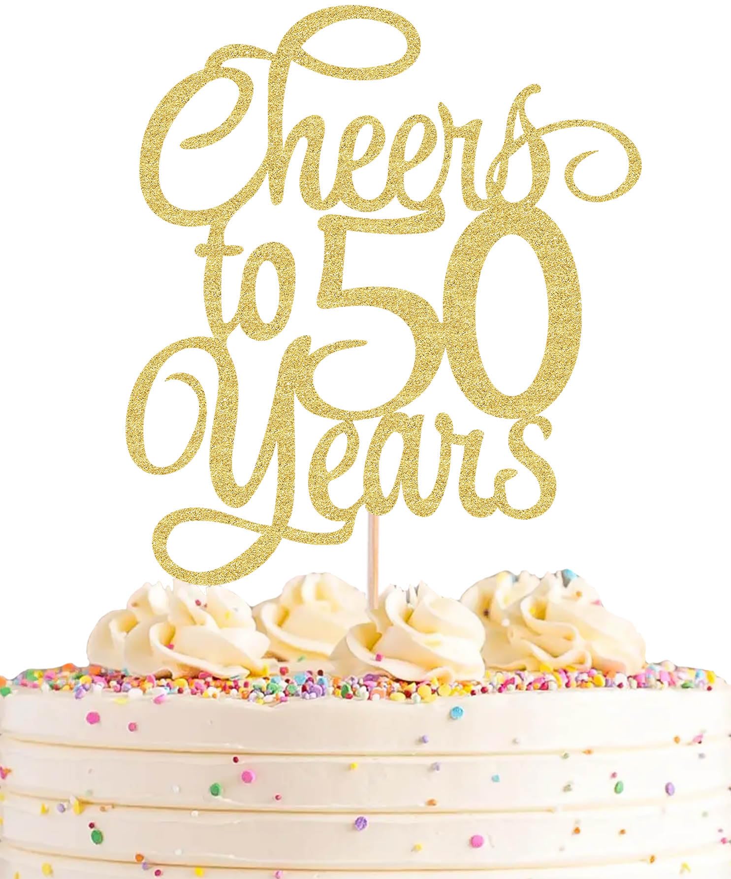 Photo 1 of AHAORAY Cheers to 50 Years Cake Topper - Gold Glitter 50th Birthday Cake Decorating Supplies, Perfect for 50th Anniversary or Fifty Birthday Party, Photo Booth Props