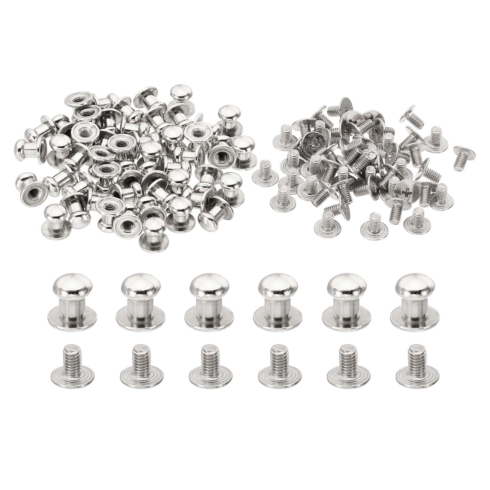 PATIKIL 6 mm Leather Rivets, 100 Sets Round Button Head Studs Metal Screw Studs Posts Chicago Screws Rivet for Clothing Leather Crafts Fabric Shoes Punk, Silver Tone