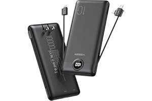 VEGER Portable Charger for iPhone Built in Cables and Wall Plug, 10000mah Slim Fast Charging USB C Power Bank, Travel Essential Battery Pack Compatible with iPhones, iPad, Samsung More Devices(Black)