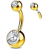 14K Gold Plated G23 Titanium Belly Button Rings Internally Threaded with Grade AAAAA Cubic Zirconia - Gold Belly Button Rings - 14g Navel Ring Piercing Jewelry Internal Thread For Women 8mm (5/16)