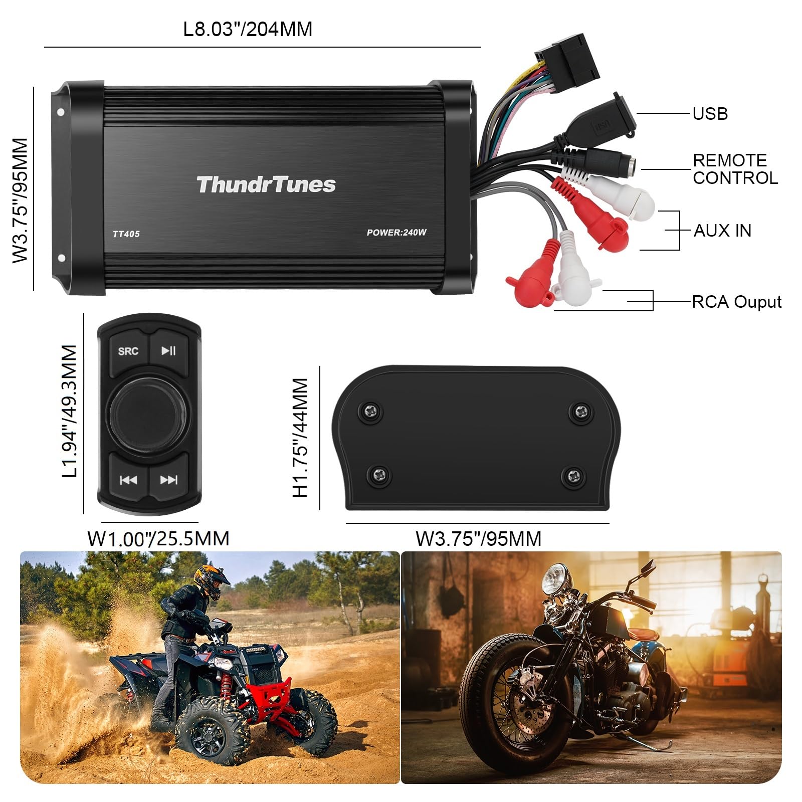 Marine Powersport Bluetooth Amplifier Audio System with 2pcs Black Speakers, Class D 60W x 4 CH, Switch Mount, Suitable for Motorcycle, UTV, ATV, Boat