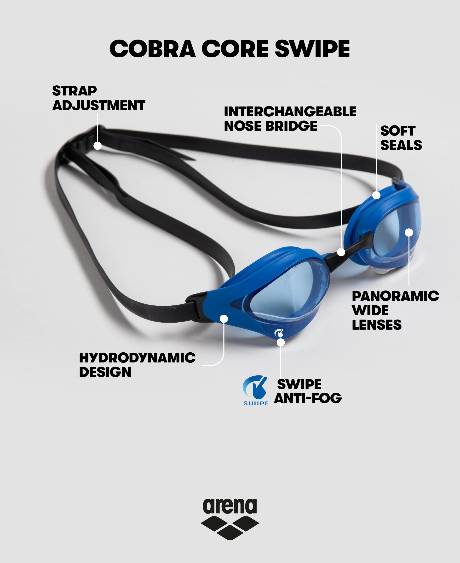ARENA Unisex Cobra Core Swipe Anti-Fog Racing Swim Goggles for Men and Women Polycarbonate Mirror/Non-Mirror Lens