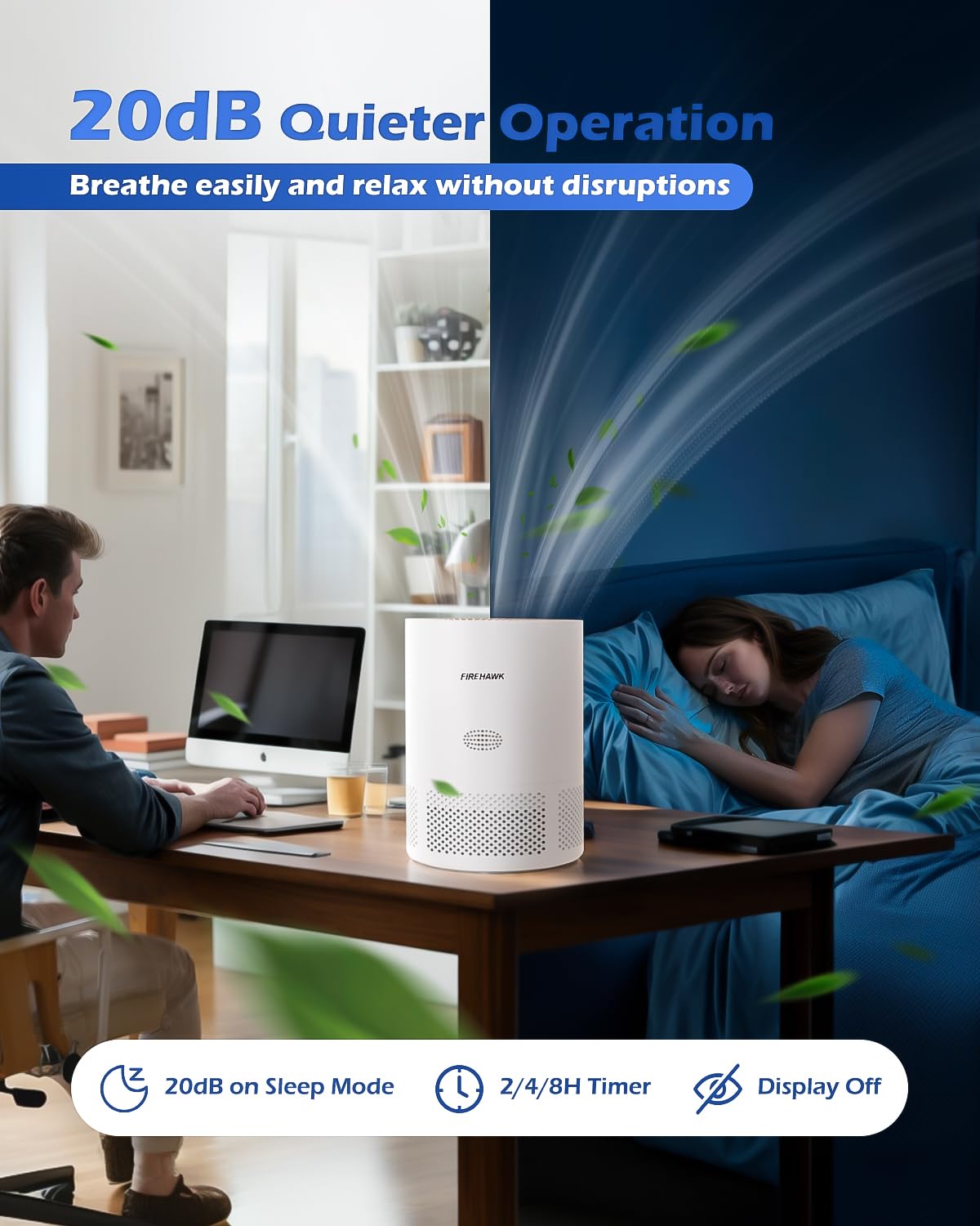 Firehawk Air Purifier for Home Large Room 2300 ft², H13 HEPA Filter, PM 2.5 Wildfire Sensor, 20dB Quiet Sleep Mode Bedroom Office, Cleaner 99.97% Dust Smoke Pollen Pets Hair, Smart WiFi