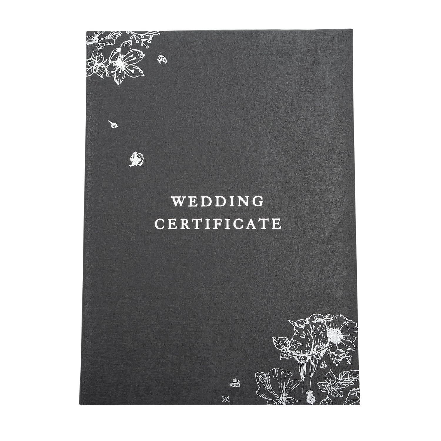 Happy Homewares Beautiful Graphite Black Satin Fabric Wedding Certificate Holder with Silver Foil Floral Decoration | A4 Certificate Size | Includes Oval Picture Space 8" x 10"