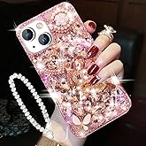 Changjia Glitter Bling Case for iPhone 15 Plus, Cute Luxury 3D Crown Crystal Rhinestone Diamond Sparkle Gemstones Pearl with Wrist Strap Chain Women Girls Phone Case for iPhone 15 Plus 6.7" (Pink)