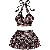SOLY HUX Women's 2 Piece Beach Vacation Outfits Summer Ruched Halter Crop Top and Ruffle Mini Skirt Set