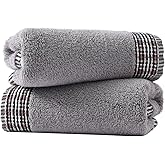 sense gnosis Grey Hand Towel Set of 2 Soft Absorbent 100% Cotton Woven Striped Bordered Decorative Hand Towels for Bathroom 13 X 29 inch