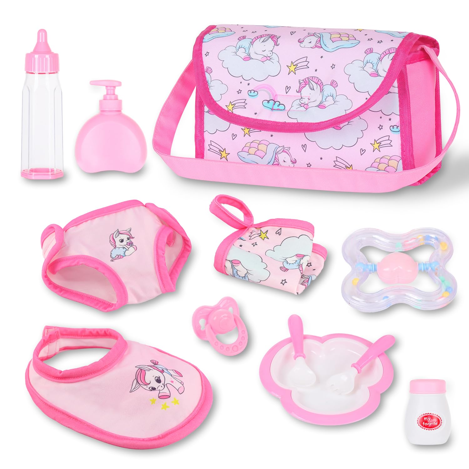 ZITA ELEMENT 12 Pcs Baby Diaper Bag & Accessories,Baby Doll Feeding and Caring Toys Set Includes Diaper Bag, Saliva Towels,Cutlery,Panties, Napkins, Feeding Bottles etc,for Birthday Gift(No Doll)