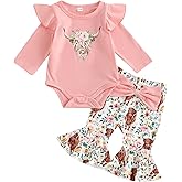 TheFound Infant Baby Girl Clothes Newborn Ruffle Long Sleeve Ribbed Romper Print Bell Bottom Toddler Baby Fall Winter Outfit
