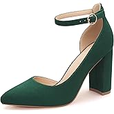PARTY Women's Closed Toe Pumps 3 Inch Chunky Heels Pumps Ankle Strap Dress Wedding Shoes,Green Su,7.5