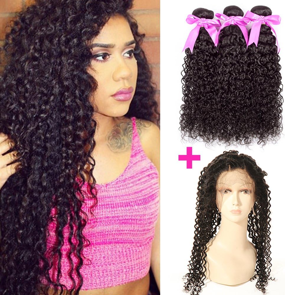 ANNMODE hair 7A Grade Brazilian Virgin Human Hair Kinky Curly Hair 3 Bundles With 360 Full Lace Band Frontals 22.5"x4"x2" Lace Band Frontal Closure With Baby Hair 14 14 14+12inch