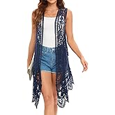 Lace Front Open Sleeveless Top Cardigan Crochet Vest Bikini Cover up Summer Beachwear