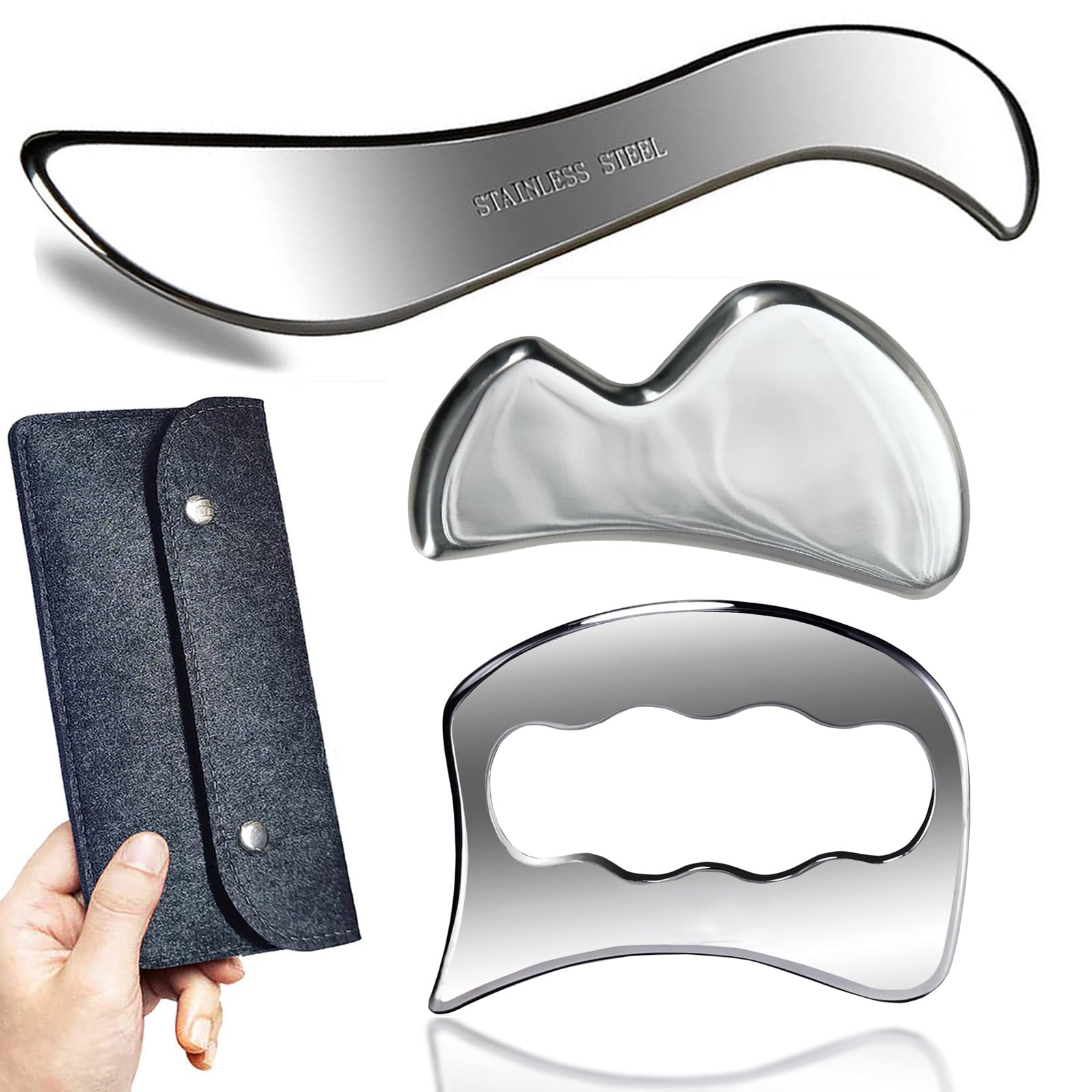 GYX COELE 3 in 1 Muscle Scraper Stainless Steel Gua Sha Set Scraping Massage Tool,IASTM Tools, Great Soft Tissue Physical Therapy Used for Arms, Back, Legs, Neck (3set)