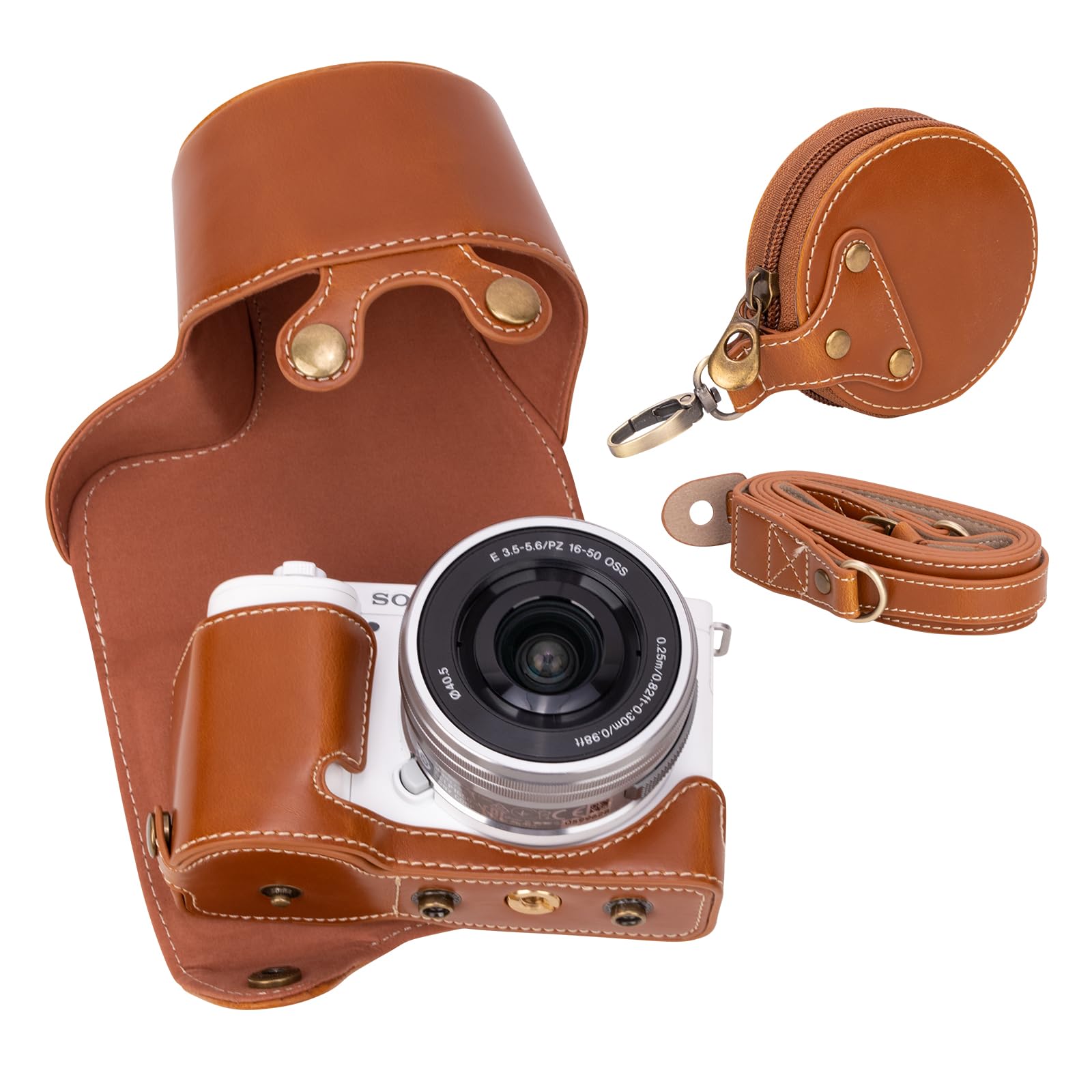 MUZIRI KINOKOO ZVE10 Case, PU Leather Protective Case Comaptible for Sony ZV-E10 ZVE10 with 16-50mm Lens Camera, with Shoulder Strap & Storage Pocket - Brown