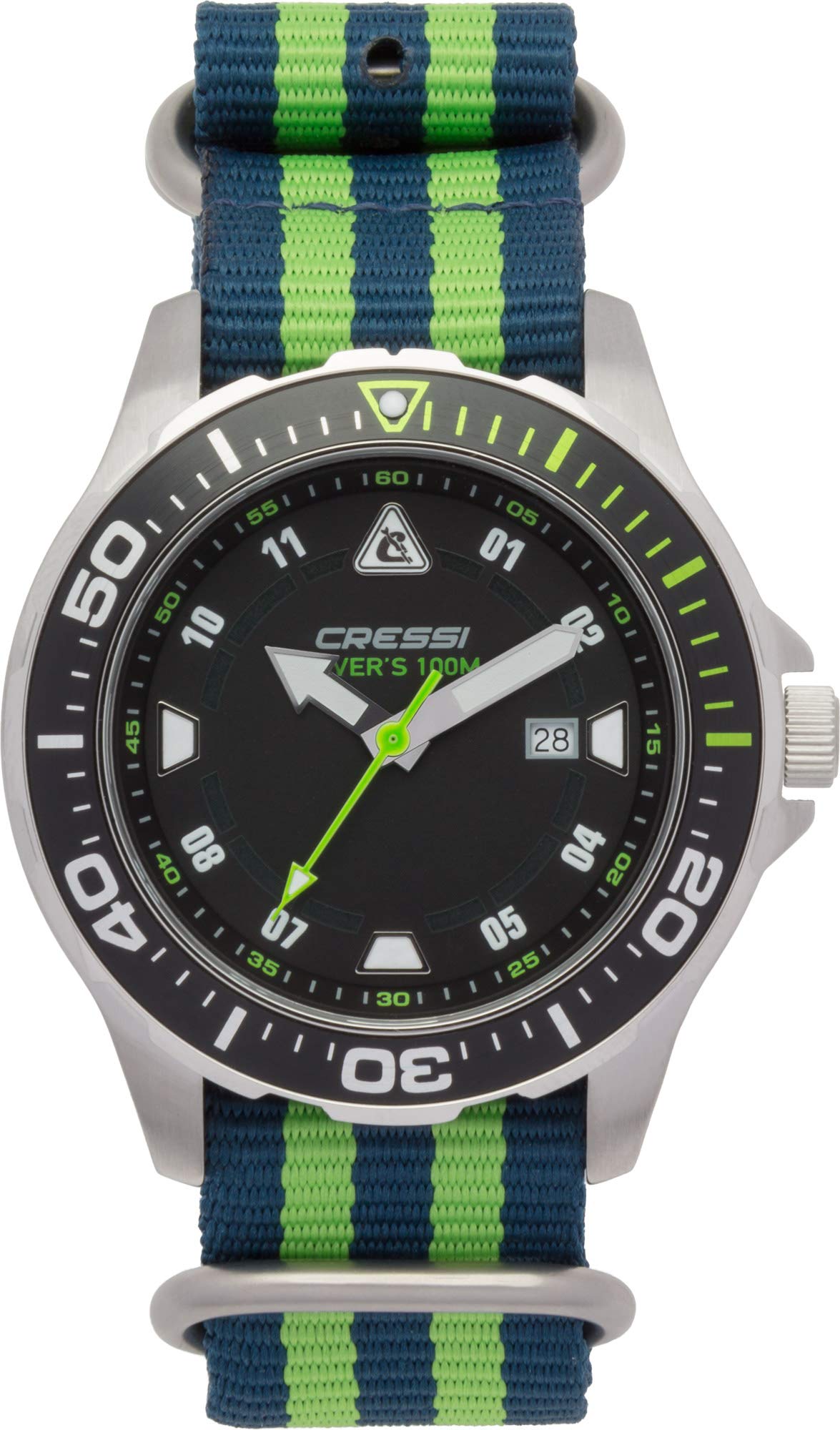 CRESSI Crg1B Unisex Adult Manta Watch Rofessional Dive Watch - Silver/Black/Textile Strap Green/Blue, Uni