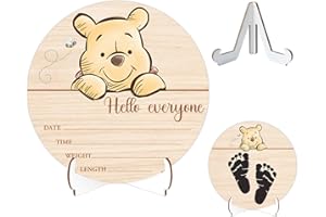 PARRIHY Winnie Baby Wooden Newborn Birth Sign, The Pooh Baby Announcement Sign, Babies Name Plaques Photography Prop, Winnie Hello World Newborn Signs, Pooh Double Sided Hello World for New Mom Babies