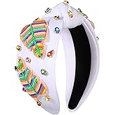 mokkia Summer Headband for Women Beaded Flower Palm Leaf Watermelon Fruit Headband Rhinestone Jeweled Knotted Hairband Boho White Pink Wide Top Knot Hairband Summer Beach Hair Accessories (Leaf A)