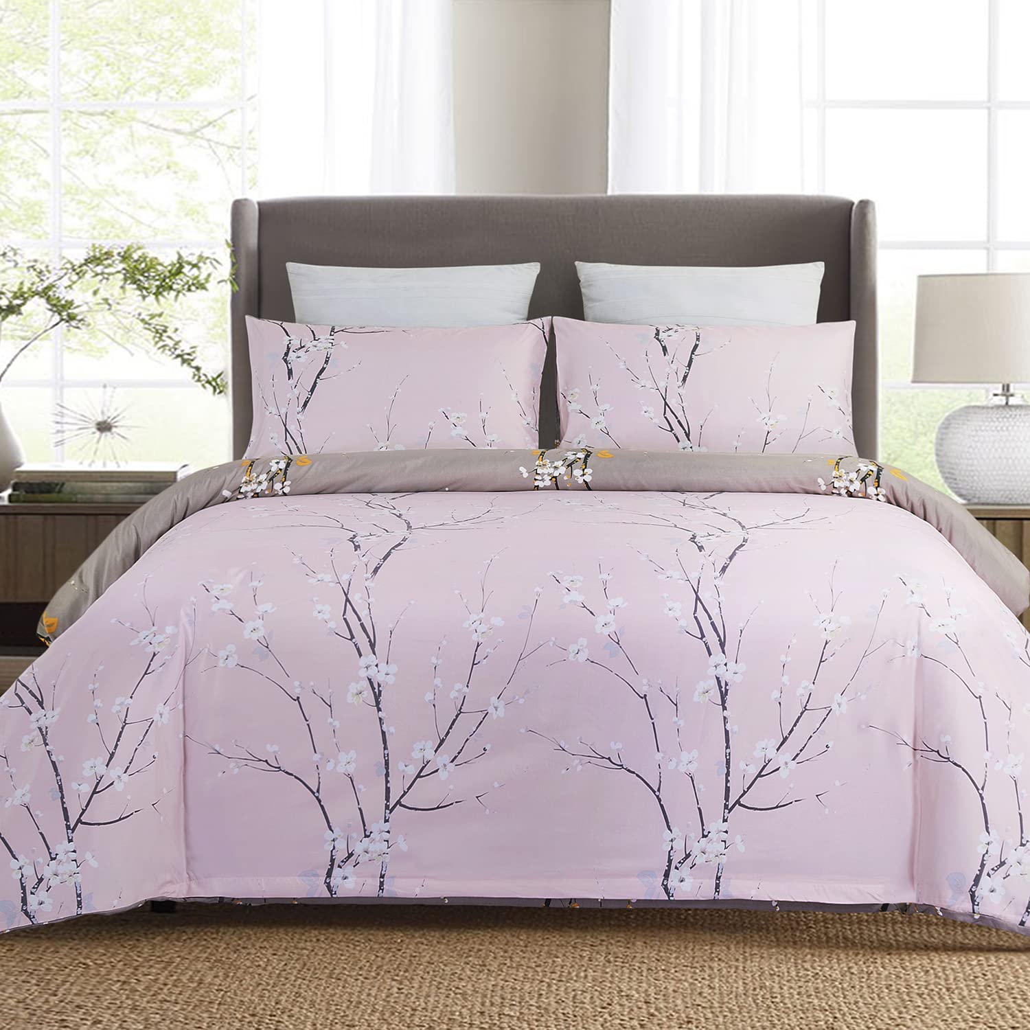 YEPINS Microfiber Quilt Duvet Cover Set with Zipper Closure and Corner Ties, Tree Branch Printed Pattern, Pink and Gray Color, Reversible Design- Super King Size โ image 1