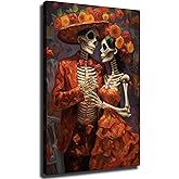 Dia De Los Muertos Print Wall Art, Skeleton Couple Framed Poster, Mexican Folk Painting Wall Art Decor, Dark Academia Wall Art for Living Room (Framed,16×24 inch)