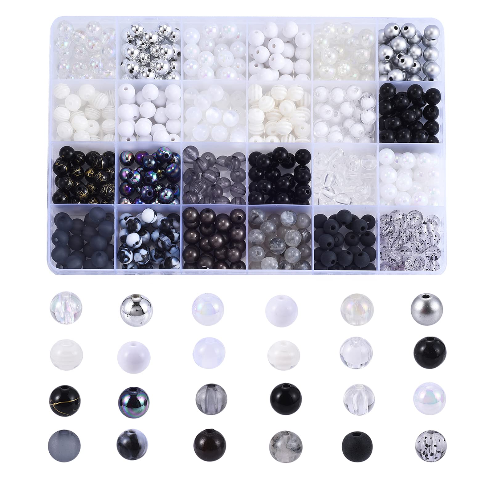 DanLingJewelry 600 pcs 24 Styles 8mm Black and White Series Acrylic Beads Resin Beads Plastic Tiny Round Bead for Necklace Bracelet Making