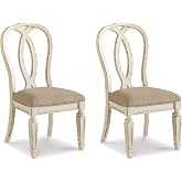 Signature Design by Ashley Realyn Dining Chairs, Set of 2, French Country | Textured polyester upholstery, Distressed chipped white wood frame, Ribbon-back for farmhouse kitchen spaces