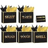 5 Senses Gift Bags for Him Her with Labels, Handles & Tissue Paper - Gold Foil Five Senses Gift Bags Party Decor for Birthday, Wedding, Anniversary, Christmas,Valentine's Day (Black, 11.8x 10x 4 inch)