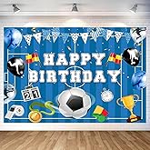 7X5ft Soccer Birthday Backdrop Blue Football Field Happy Birthday Photography Background Boys Soccer Theme Birthday Party Decorations Supplies Wall Decor Banner