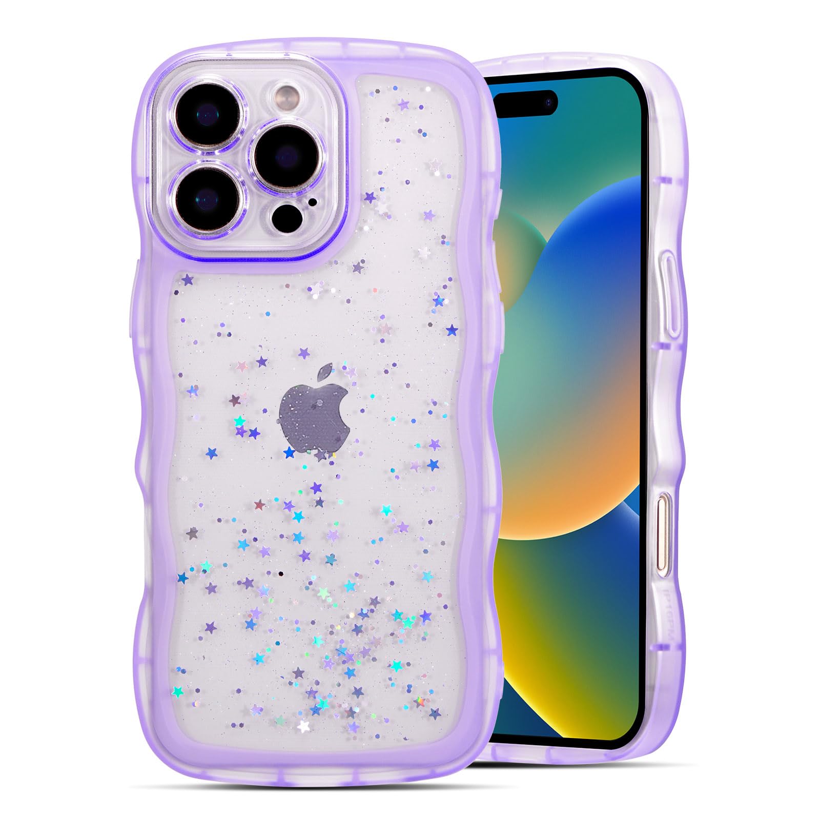 QLTYPRI Compatible with iPhone 16 Pro Case, Cute Curly Wave Frame Clear Glitter Case for Girls Women, Sparkle Bling Soft TPU Bumper Transparent Shockproof Phone Cover for iPhone 16 Pro - Purple