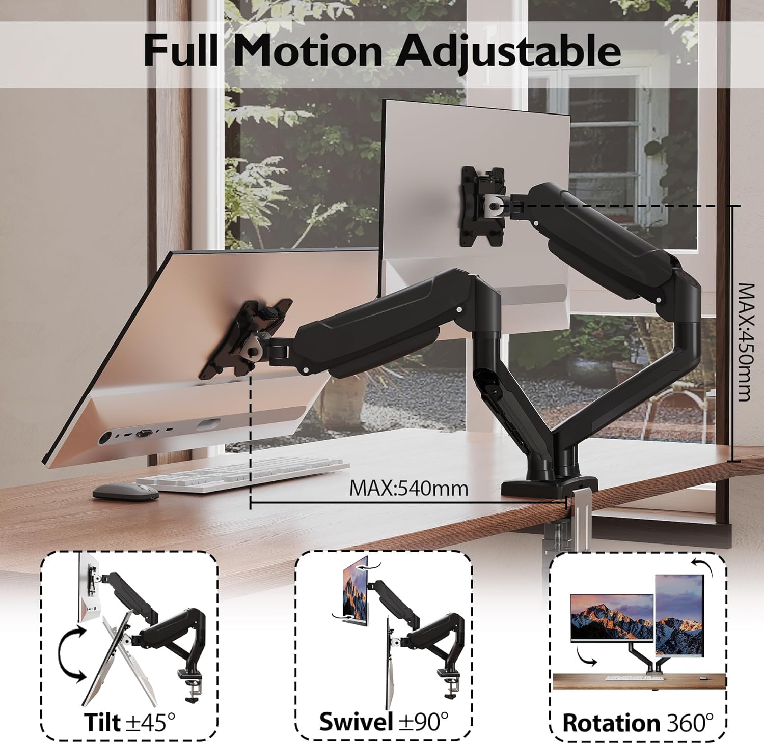 BONTEC Monitor Halterung 2 Monitore, Bildschirmhalterung 2 Monitor für 13-32 Zoll, Gasfederarm mit 360° Drehbar & Neigbar, Kabelmanagement, 2 Montageoptionen, VESA 75/100, 3-9 kg 5