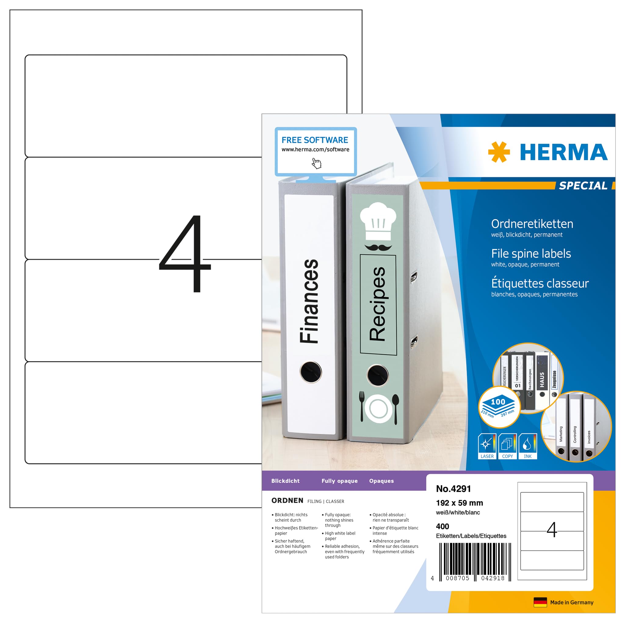 HERMA Self Adhesive Spine Labels, 4 Labels per A4 Sheet, 100 Sheets, 192 x 59 mm, 400 Labels, Blank Lever Arch File Folder Labels Stickers, Sticky Labels for Laser & Inkjet Printer, White โ image 1