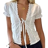 Tie Front Top for Women Coquette Lace Trim Babydoll Shirt Summer Going Out Top Y2k Short Sleeve Open Front Blouse