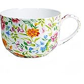 PMNING 25 Ounce Soup Bowls with Handles Bone China Soup Mug with Handles Flora Soup Cup Large Soup Bowl for Coffee Cereal Oatmeal Latte (White)