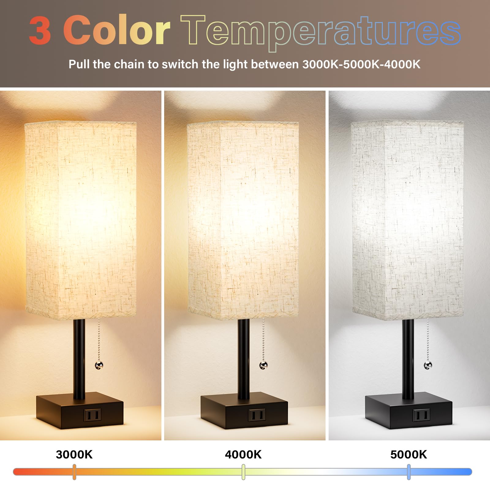 Bedside Table Lamps for Bedroom Set of 2 - Small Rectangular Nightstand Lamp with AC Outlet Charging Port, 3 Color Temperatures Desk Light with Bulb, Tabletop Reading Lamp for Living Room/Dorm/Office