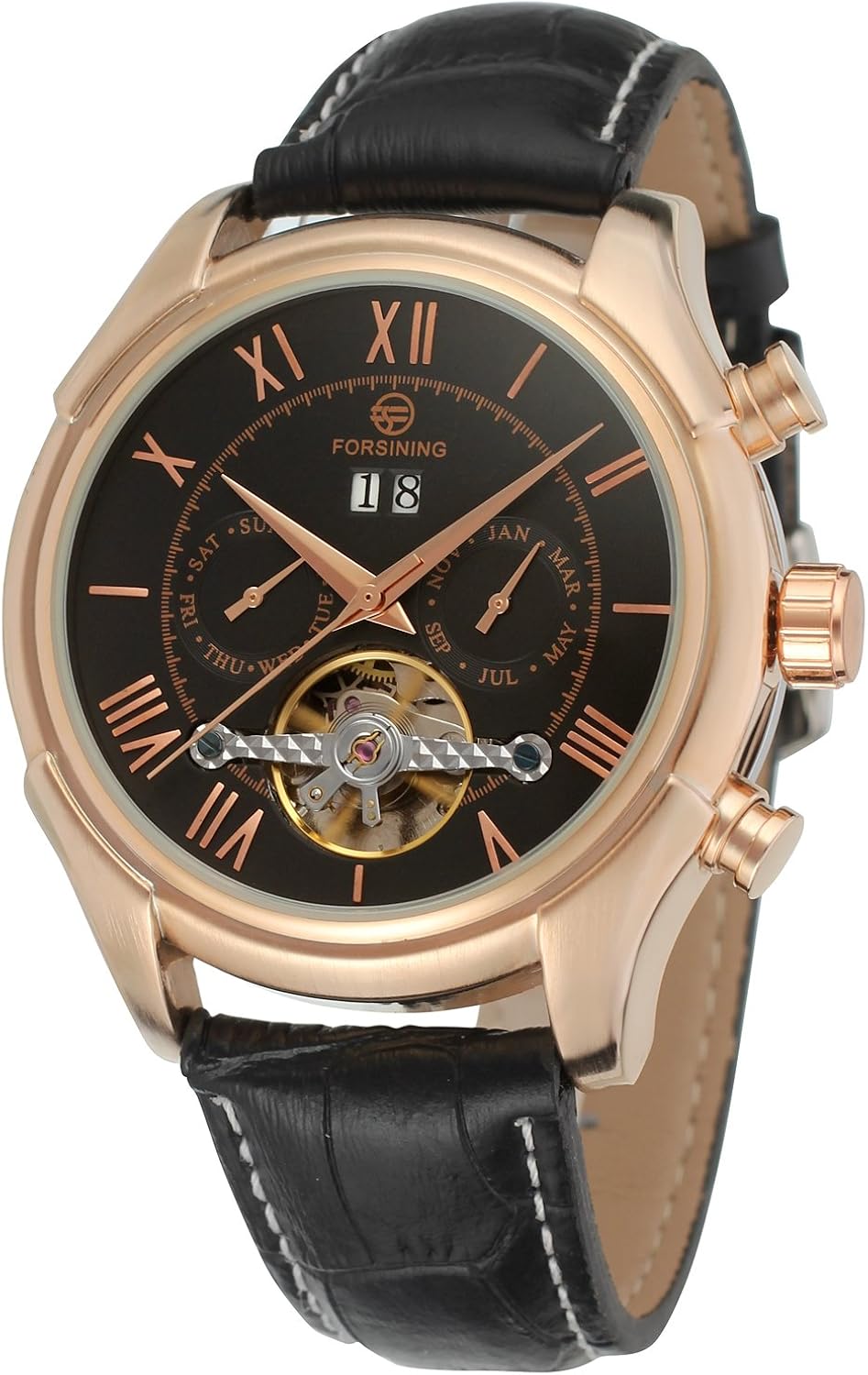 Forsining Men's Automatic Self-Wind Day Calendar Business Brand Leather Strap Wrist Watch FSG583M3R1
