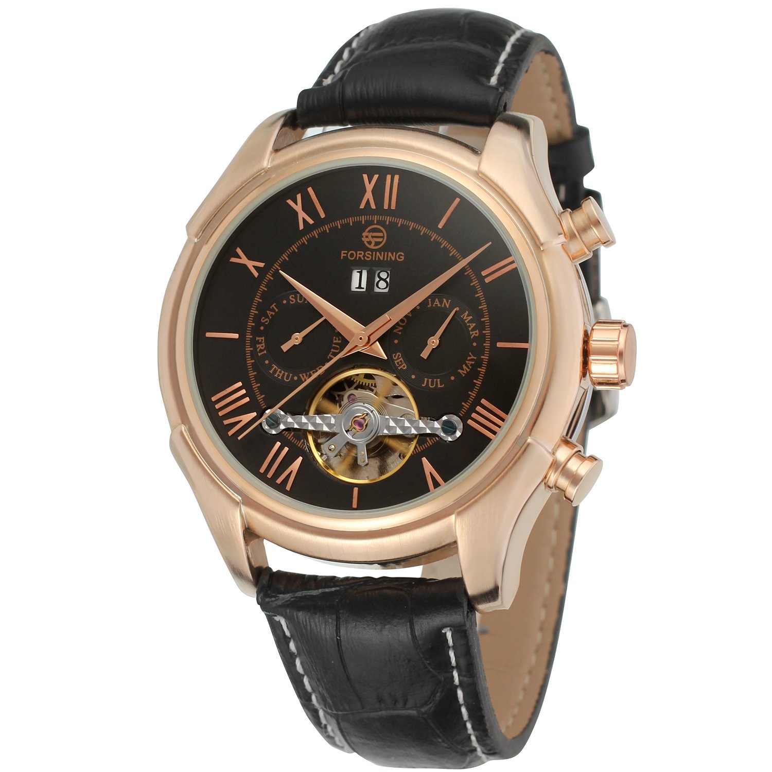 Forsining Men's Automatic Self-Wind Day Calendar Business Brand Leather Strap Wrist Watch FSG583M3R1