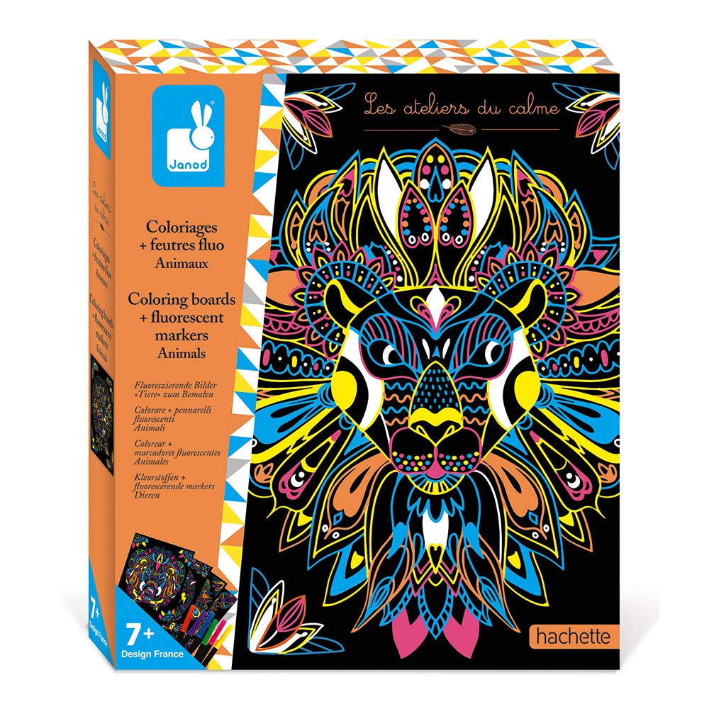 Janod - Colour-In Mandalas and Fluorescent Felt Animals Set - Les Ateliers Du Calme - Children’s Creative Leisure Kit - Encourages Fine Motor Skills and Creativity - Suitable for Ages 7 and Up, J07949